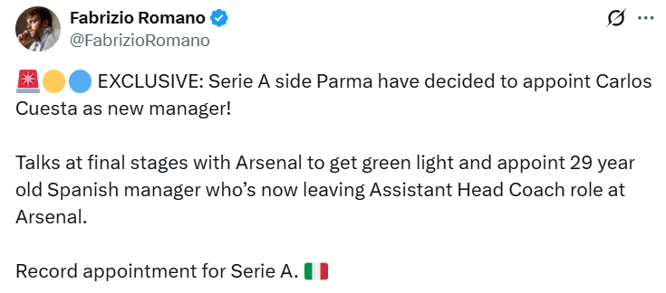 Romano: Trợ lý huấn luyện viên của Arsenal, Quist sẽ trở thành huấn luyện viên mới của Parma, hai bên đang trong giai đoạn đàm phán cuối cùng